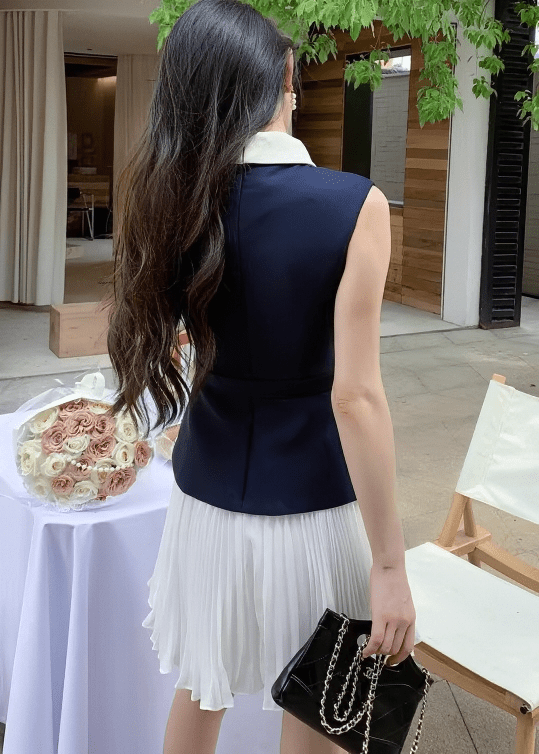 バイカラーハイネックシフォンプリーツドレス - Vera Lumina