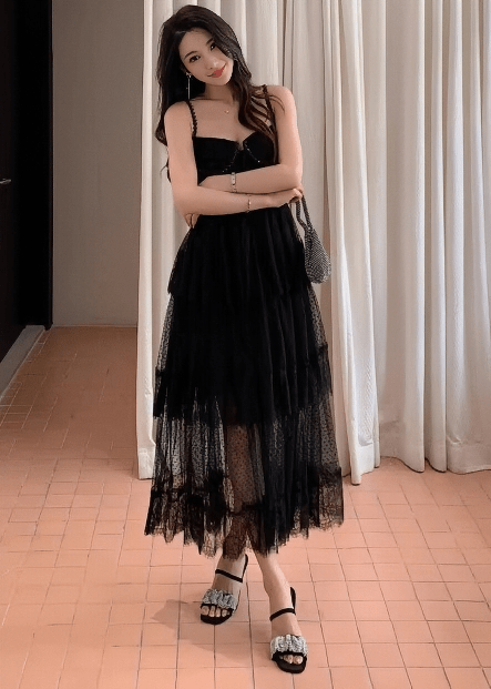 ビジューキャミドットチュールティアードドレス - Vera Lumina