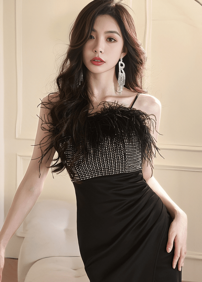 フェザービジューキャミソールマーメイドドレス - Vera Lumina