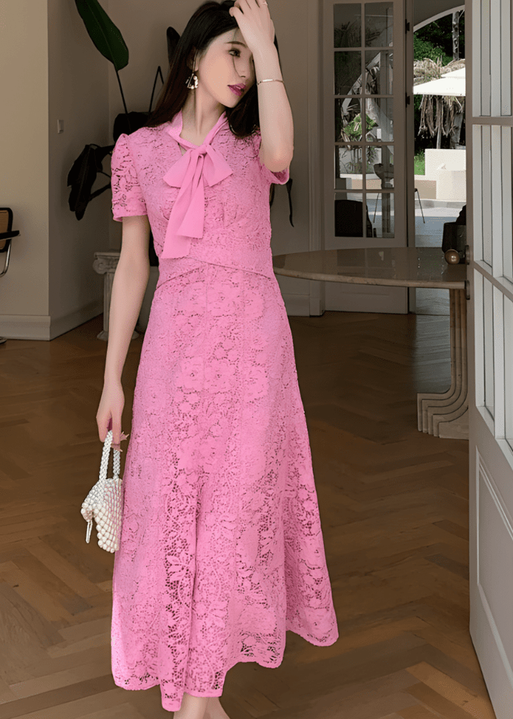 リボンタイレースフレアドレス - Vera Lumina