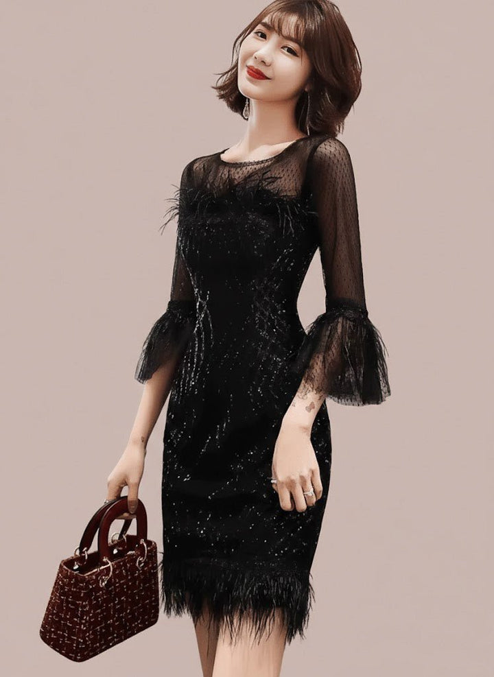 シアースリーブフェザービジュータイトドレス - Vera Lumina