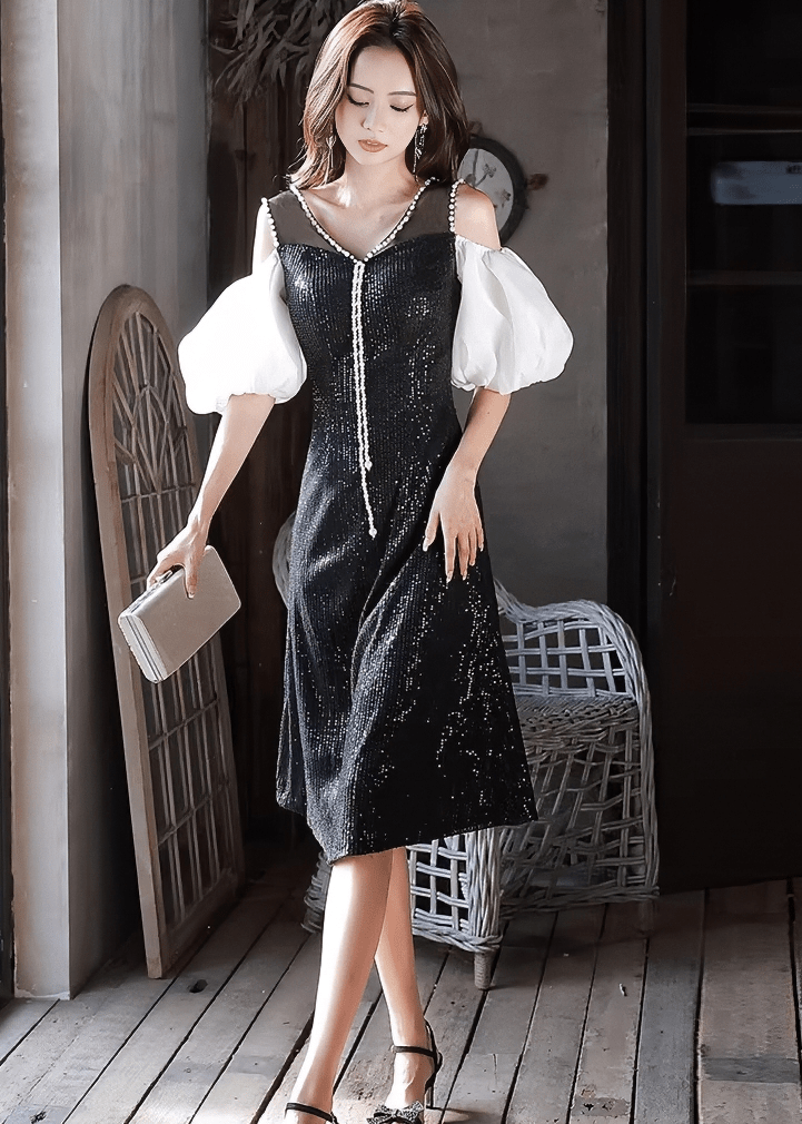 パールビジューボリュームパフスリーブフレアドレス - Vera Lumina