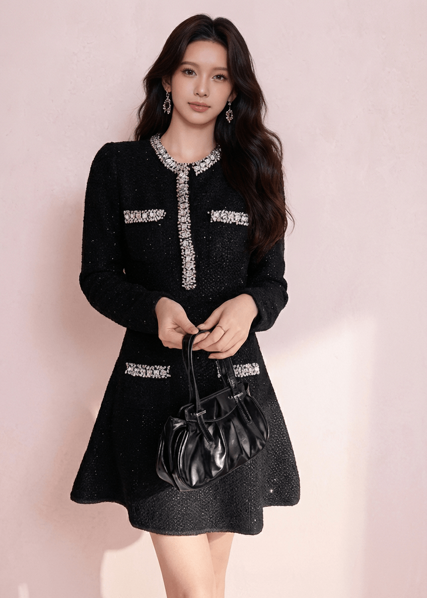 ビジューラインラメツイードフレアニットドレス - Vera Lumina