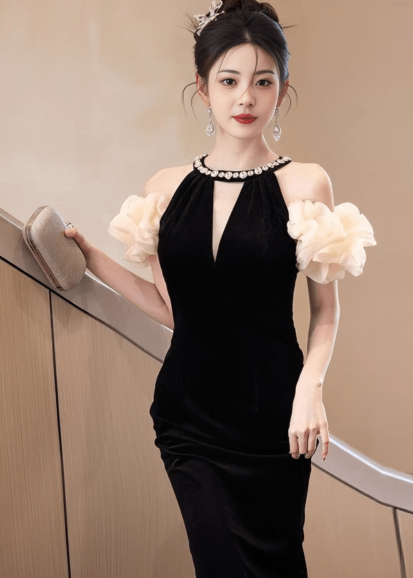 ビジューネックフラワーパフマーメイドドレス - Vera Lumina