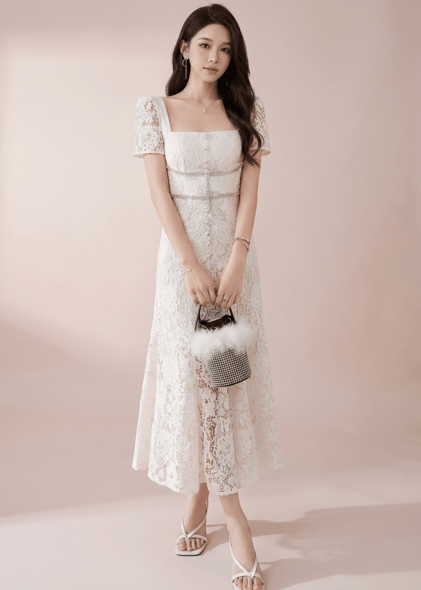 スクエアネックレースサイドスリットドレス - Vera Lumina