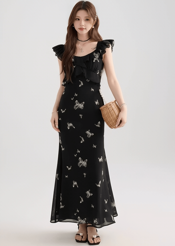 バタフライフリルスリーブマーメイドドレス - Vera Lumina