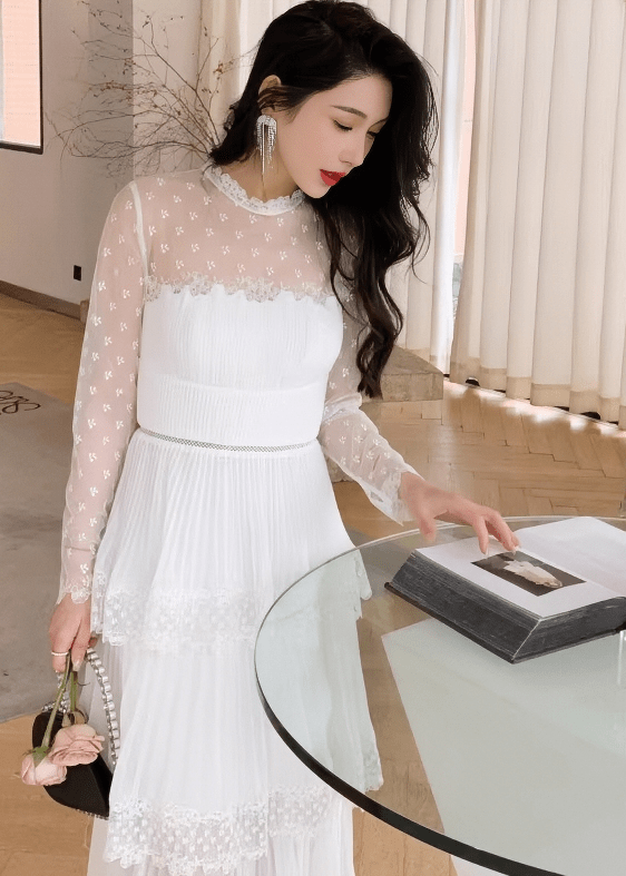 ドットチュールレースティアードプリーツドレス - Vera Lumina