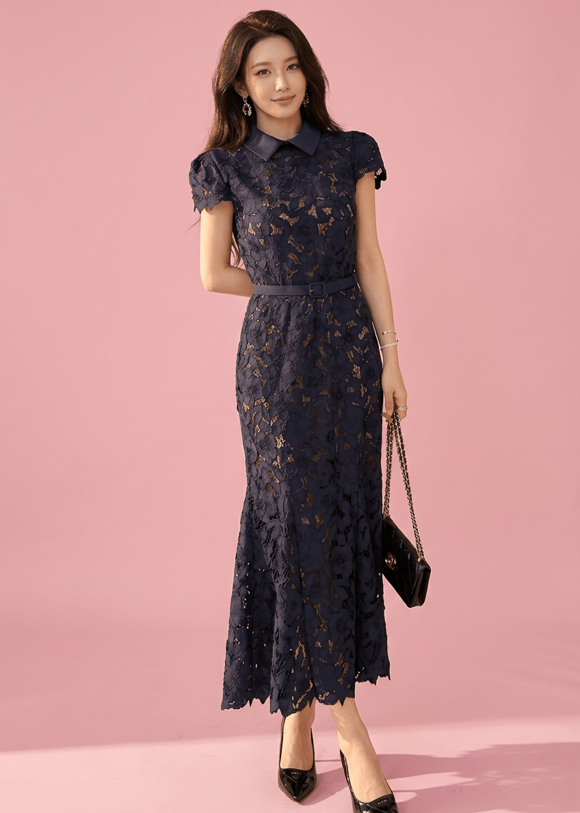 カラーベルトレースマーメイドドレス - Vera Lumina