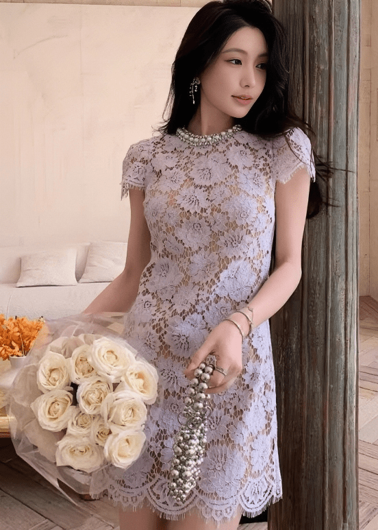 ビジューネックフローラルレースミニドレス - Vera Lumina