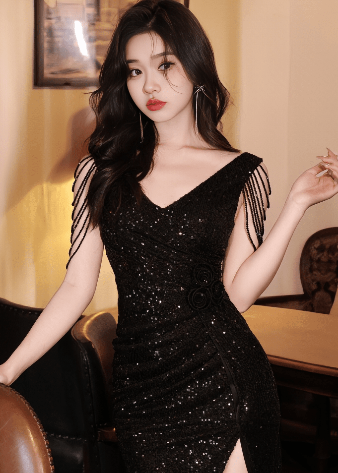 ビジューフリンジスパンコールスリットドレス - Vera Lumina