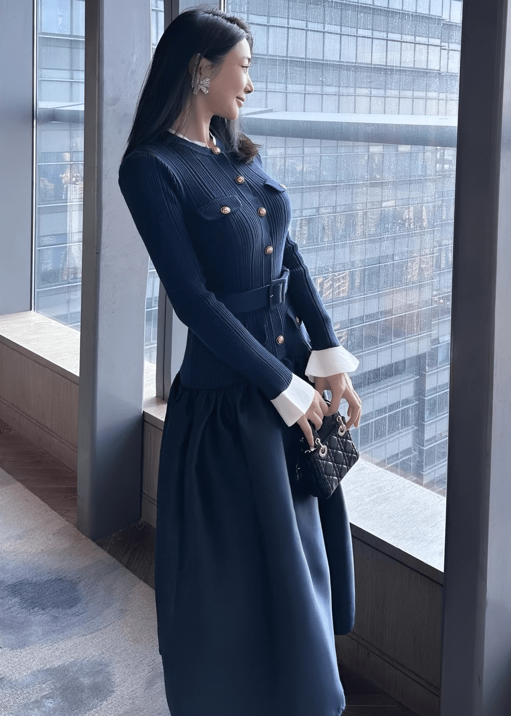 バイカラーパフスリーブバルーンシルエットドレス - Vera Lumina