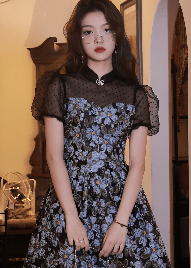 ドットチュールフラワーエンブロイダリードレス - Vera Lumina