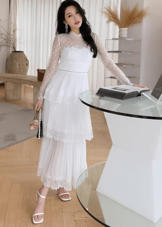 ドットチュールレースティアードプリーツドレス - Vera Lumina