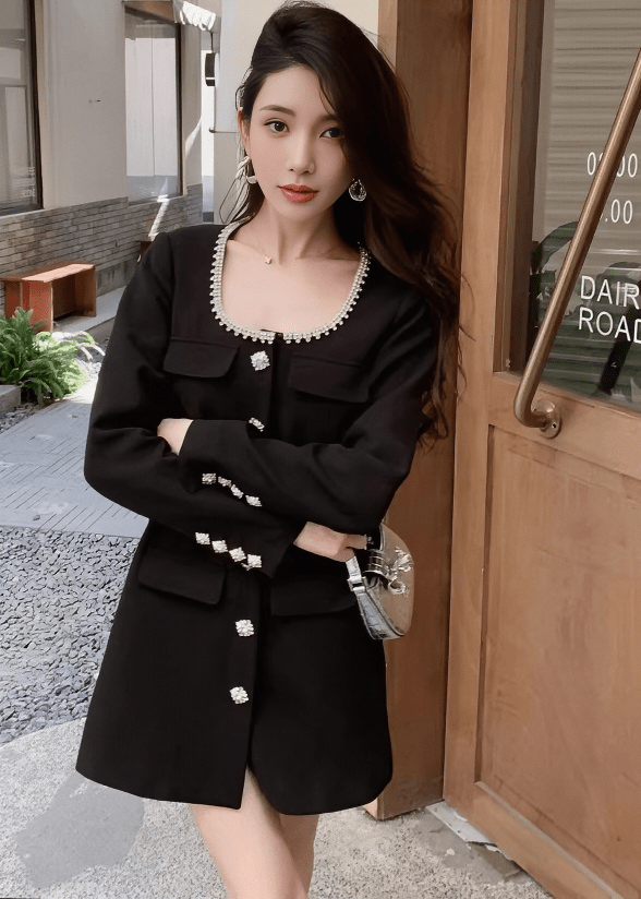 ビジューネックトリムボタンミニドレス - Vera Lumina