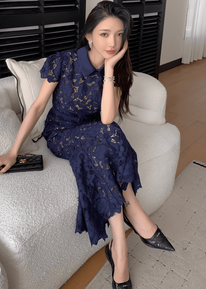 カラーベルトレースマーメイドドレス - Vera Lumina