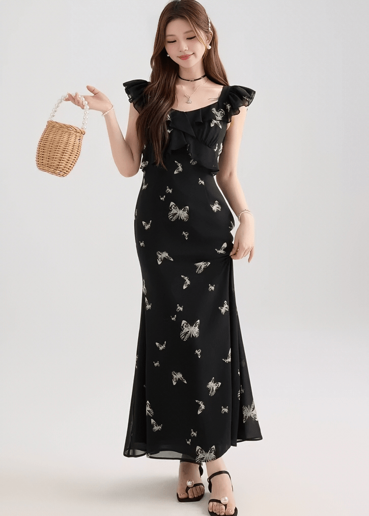 バタフライフリルスリーブマーメイドドレス - Vera Lumina