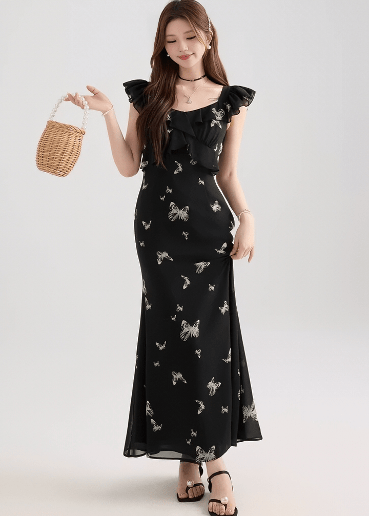 バタフライフリルスリーブマーメイドドレス - Vera Lumina