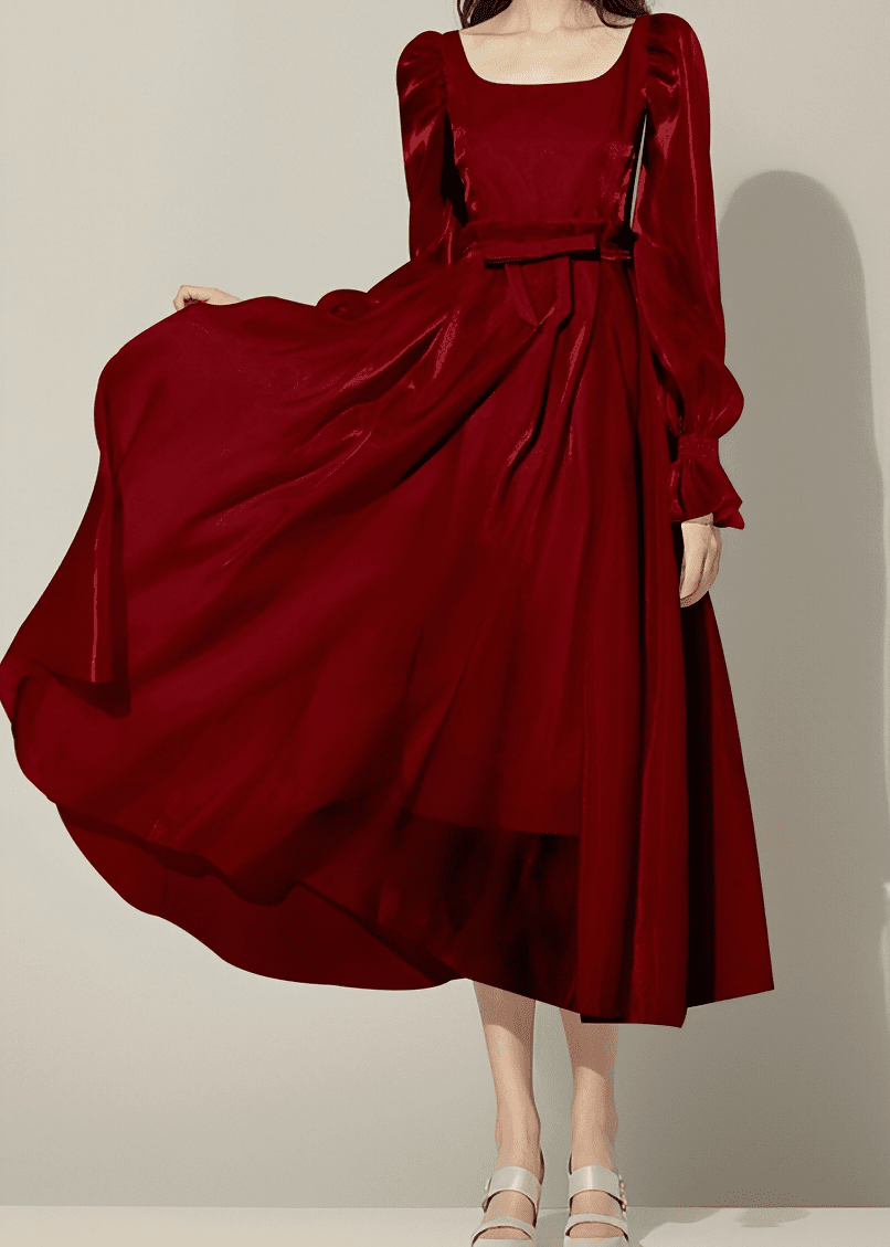 シルキーサテンサイドギャザーロングワンピース - Vera Lumina