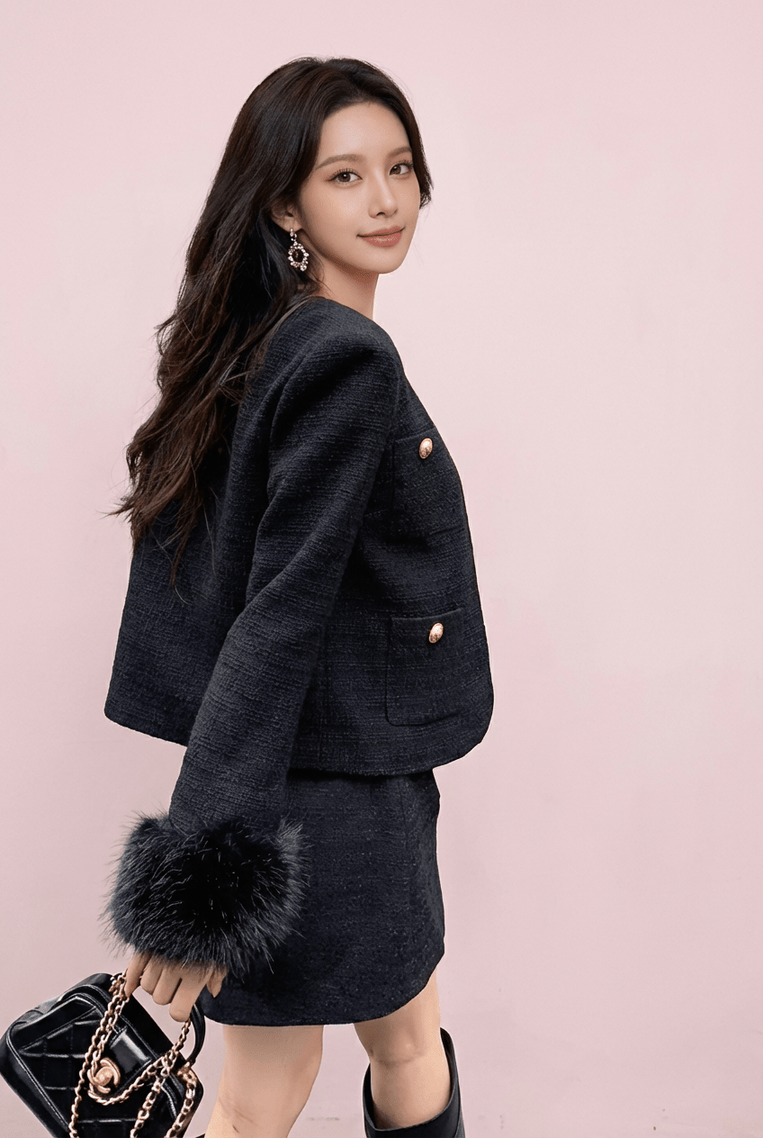 スリーブファーノーカラージャケット＆ミニスカート - Vera Lumina