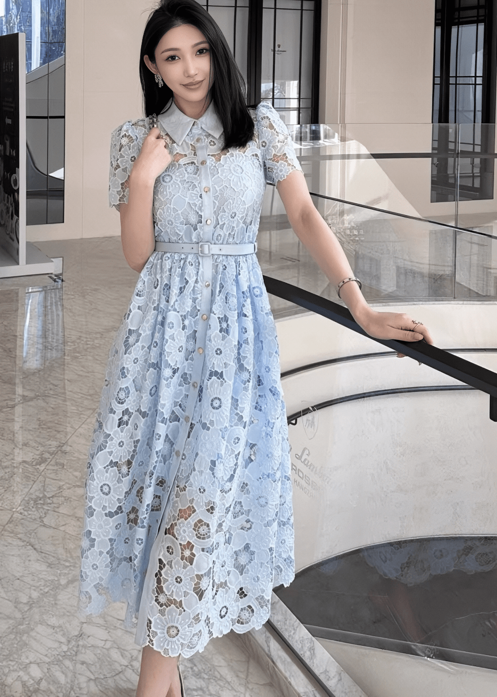 フラワーレースカラーパフスリーブフレアドレス - Vera Lumina