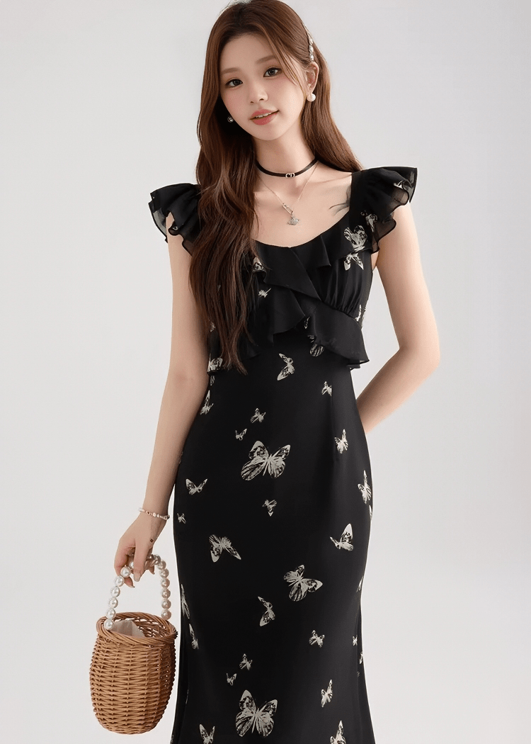 バタフライフリルスリーブマーメイドドレス - Vera Lumina