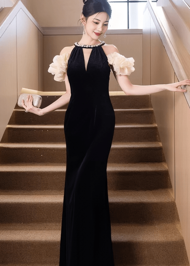 ビジューネックフラワーパフマーメイドドレス - Vera Lumina