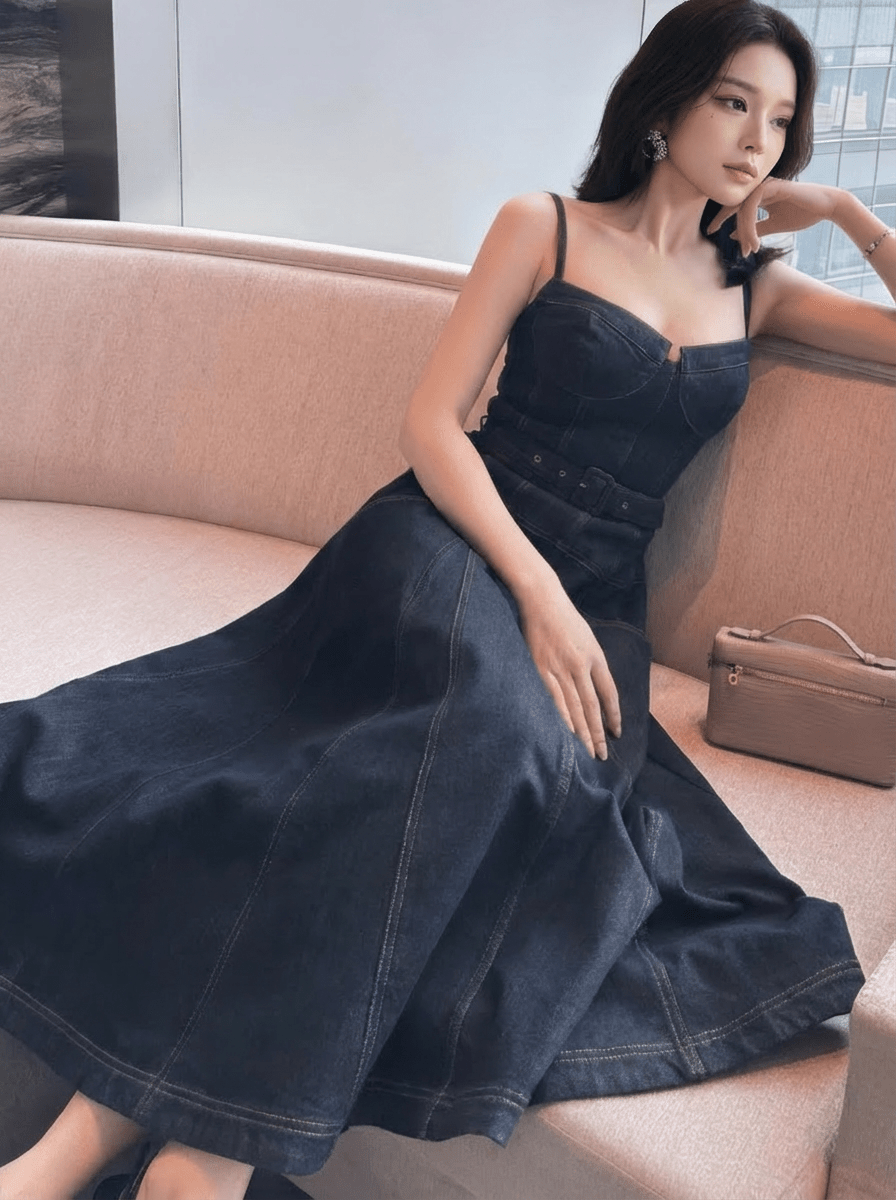 コルセットラインベルトフレアデニムドレス - Vera Lumina