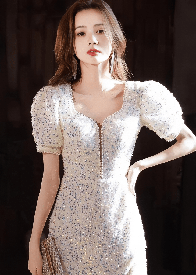 ビジューグリッターパフスリーブフリンジドレス - Vera Lumina