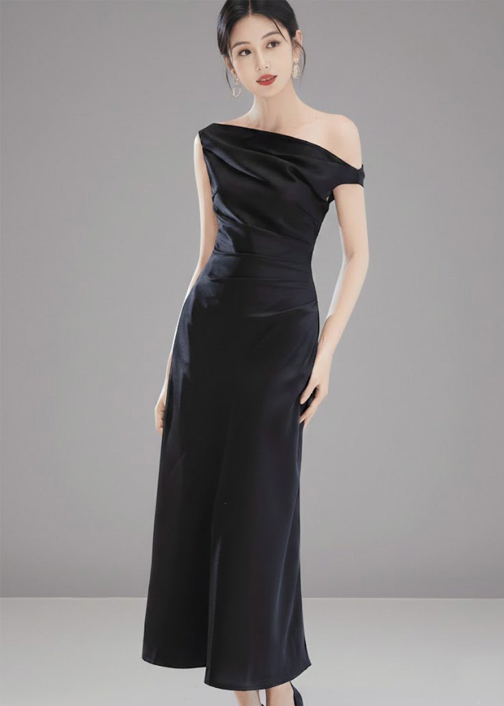 ワンショルダードレープサテンロングドレス - Vera Lumina