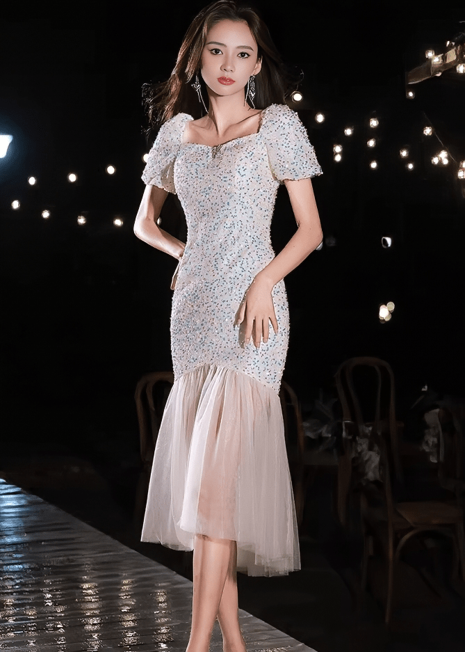 スパンコールチュールフィッシュテールドレス - Vera Lumina