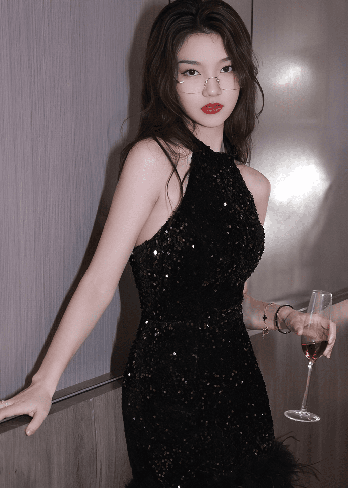 フェザービジューホルターネックミニドレス - Vera Lumina