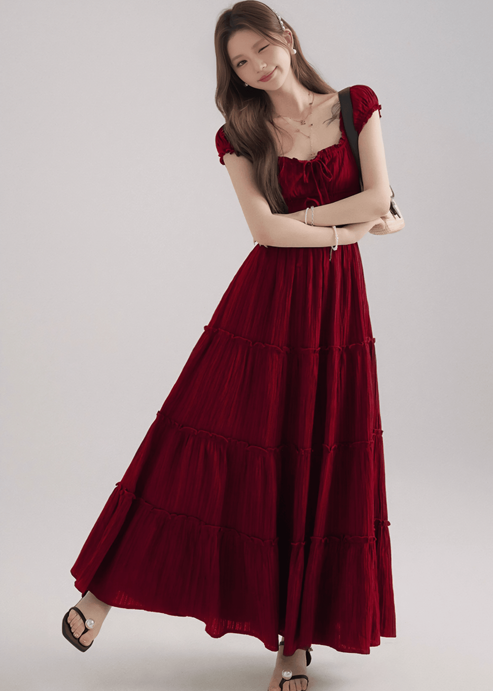 スモッキングリボンフレアマキシドレス - Vera Lumina