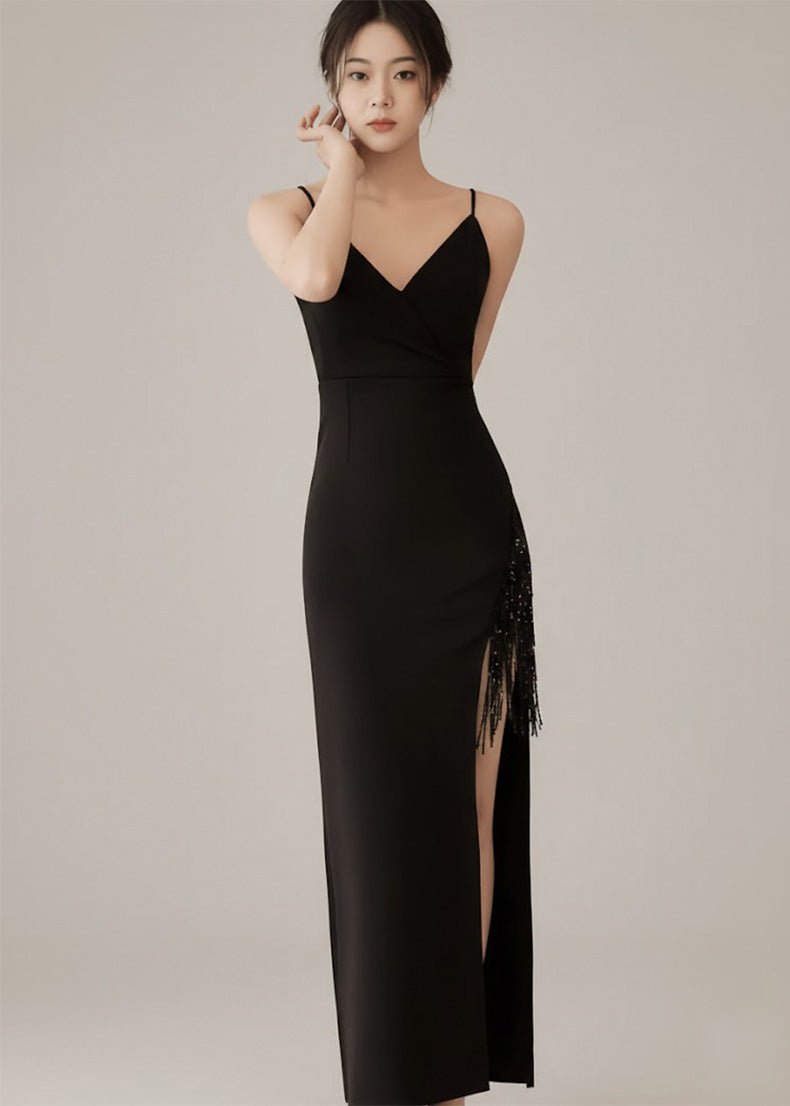 ビジューフリンジサイドスリットロングドレス - Vera Lumina