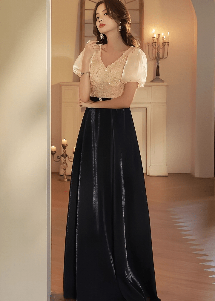 パフスリーブビジューサテンロングドレス - Vera Lumina