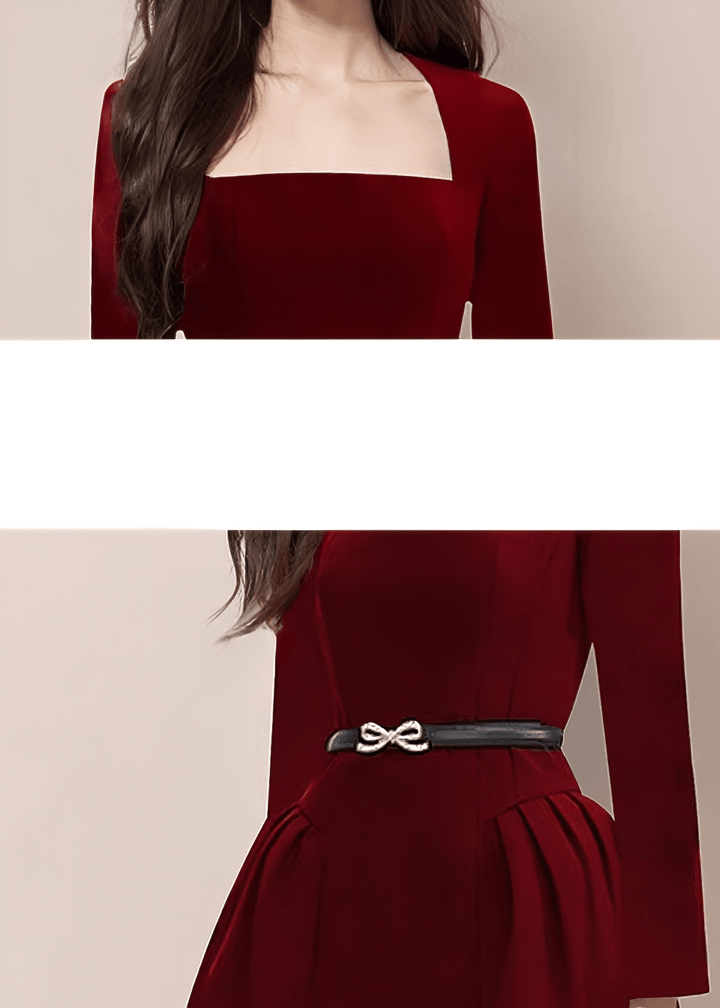 スクエアネックリボンベルトフレアドレス - Vera Lumina