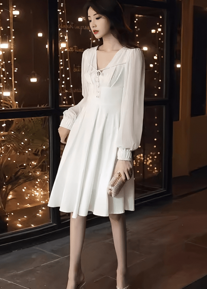 フロントリボンシアーパフスリーブフレアドレス - Vera Lumina