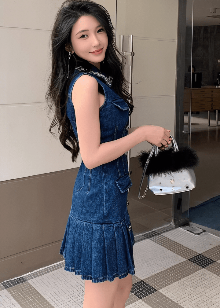 ビジューエンブロイダリープリーツデニムドレス - Vera Lumina