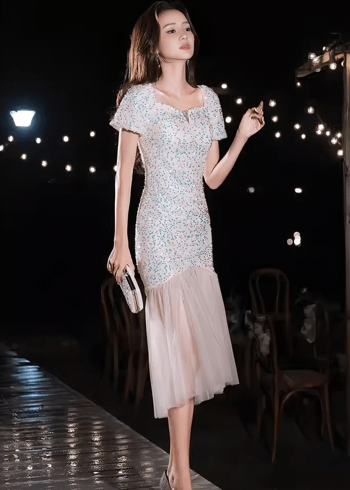 スパンコールチュールフィッシュテールドレス - Vera Lumina