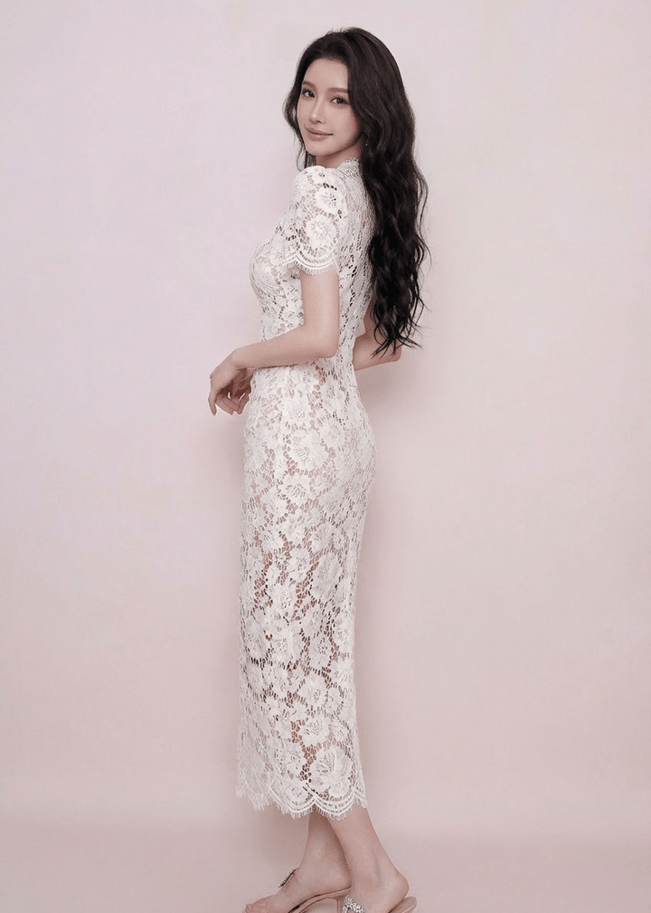 スカラップネックリボンパールマーメイドドレス - Vera Lumina