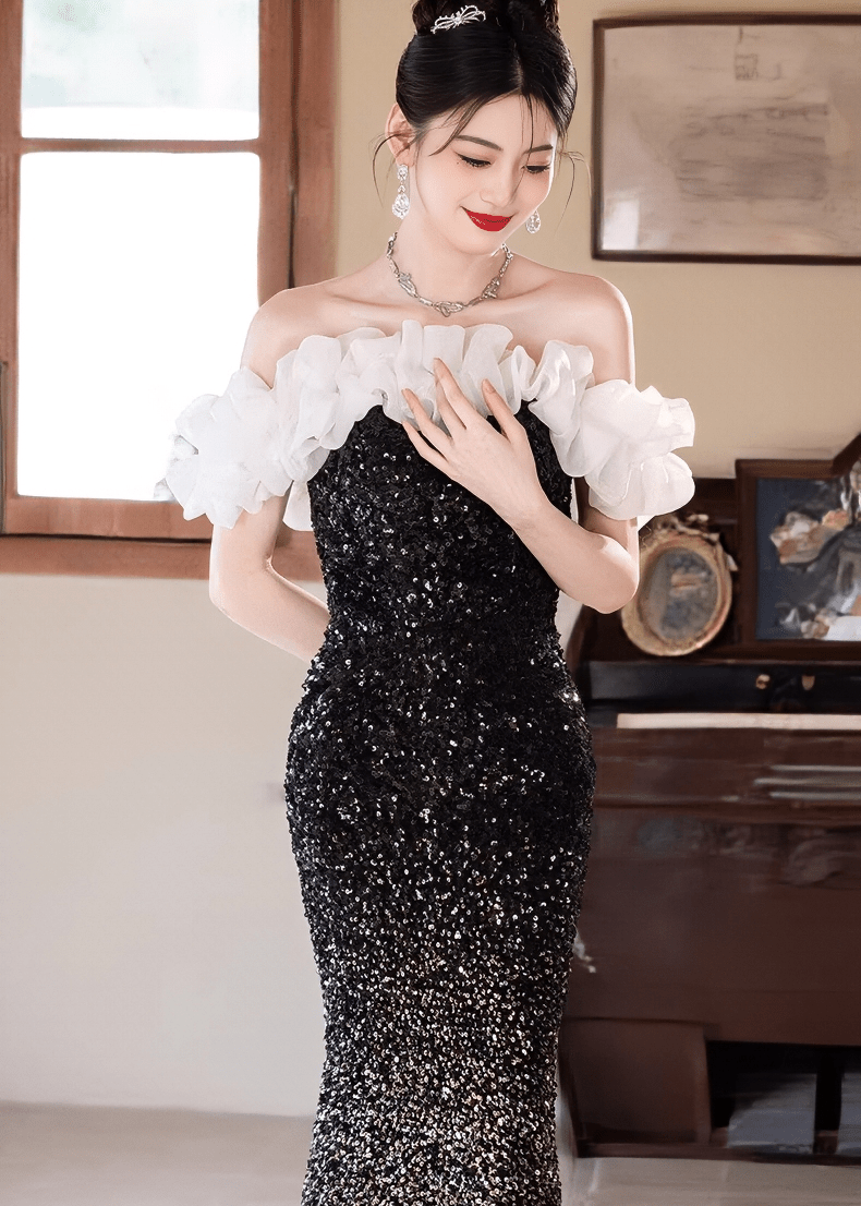 フリルオフショルダースパンコールマーメイドドレス - Vera Lumina