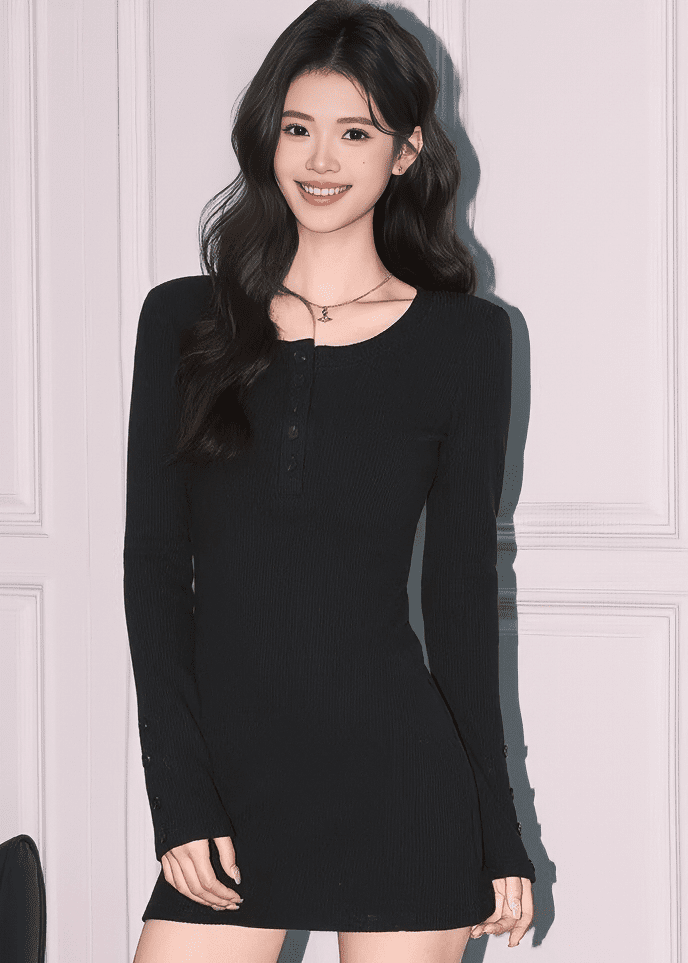 フロントボタンリブタイトミニワンピース - Vera Lumina