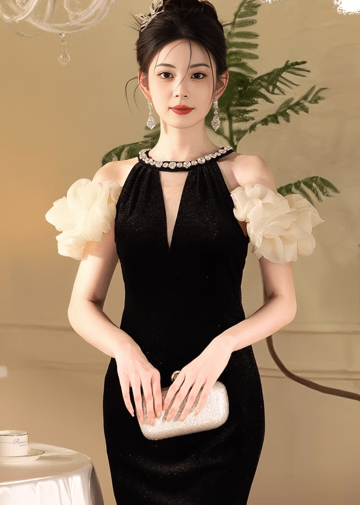 ビジューネックフラワーパフマーメイドドレス - Vera Lumina