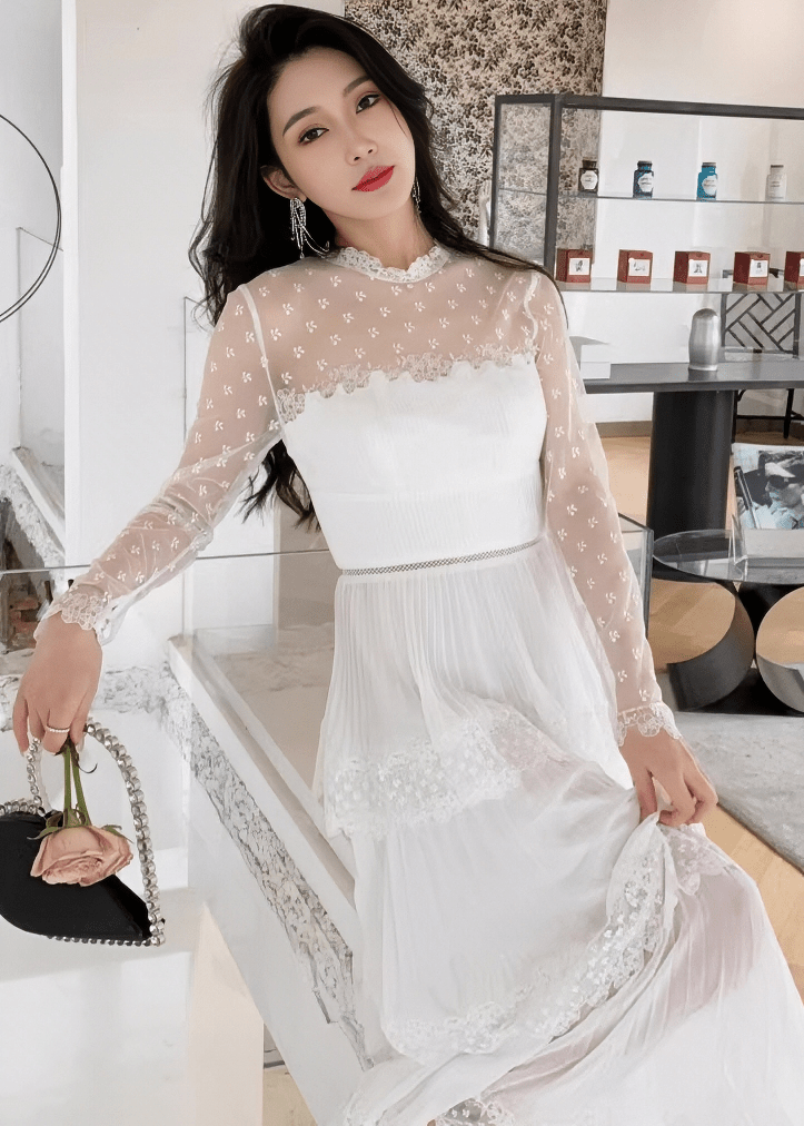 ドットチュールレースティアードプリーツドレス - Vera Lumina