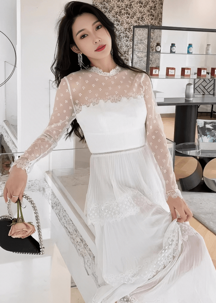 ドットチュールレースティアードプリーツドレス - Vera Lumina