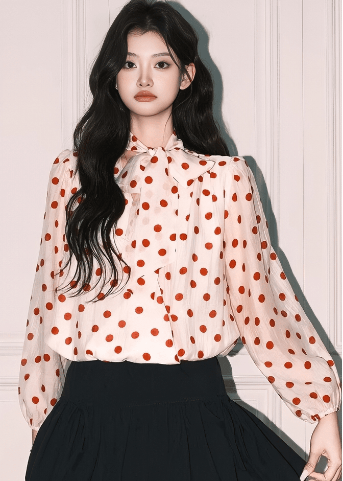 クラシカルリボンドットボウタイブラウス - Vera Lumina