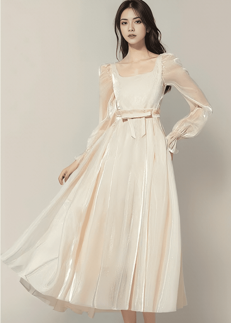 シャイニーサテンリボンベルトフレアドレス - Vera Lumina