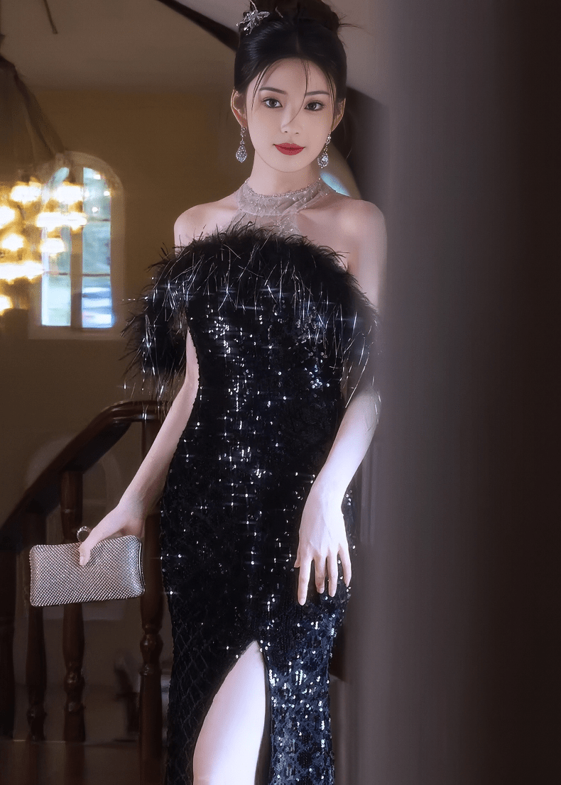 フェザーオフショルダーキラキラロングドレス - Vera Lumina