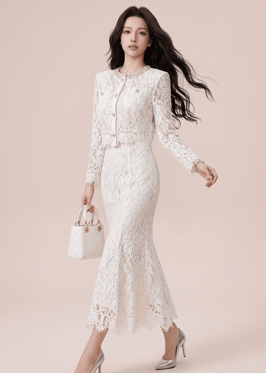 ビジューボタンレースブラウス＆マーメイドスカート - Vera Lumina