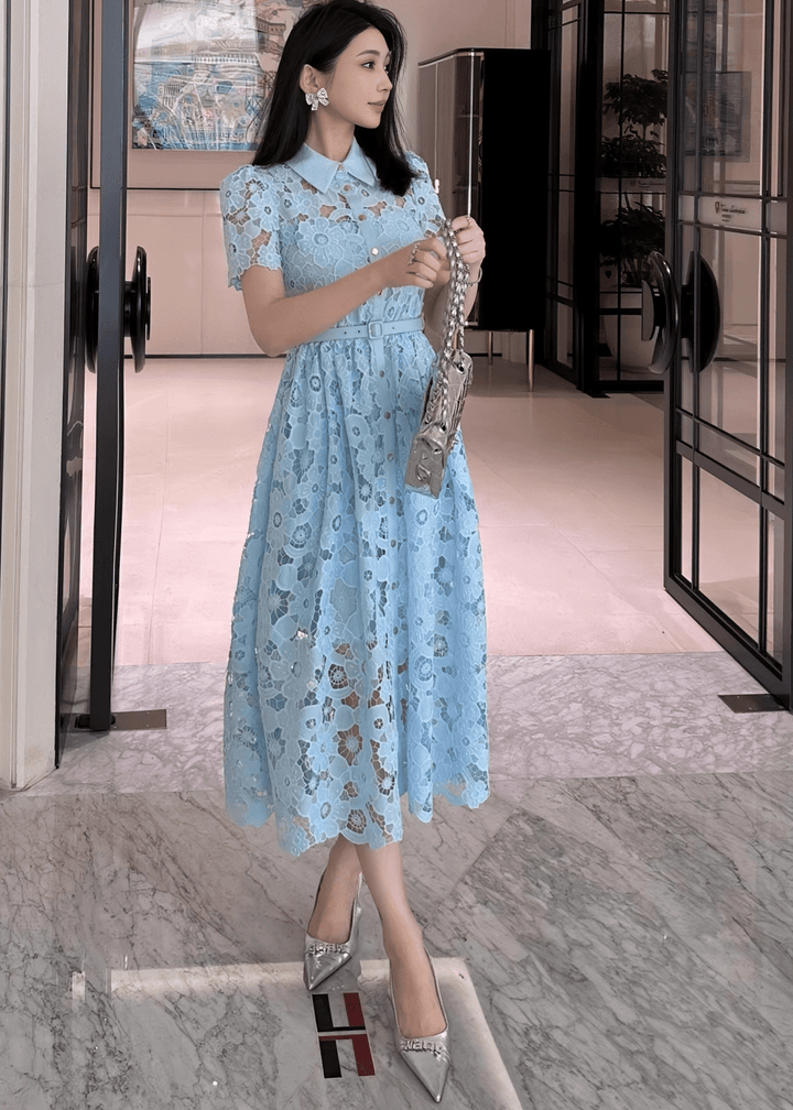 フラワーレースカラーパフスリーブフレアドレス - Vera Lumina