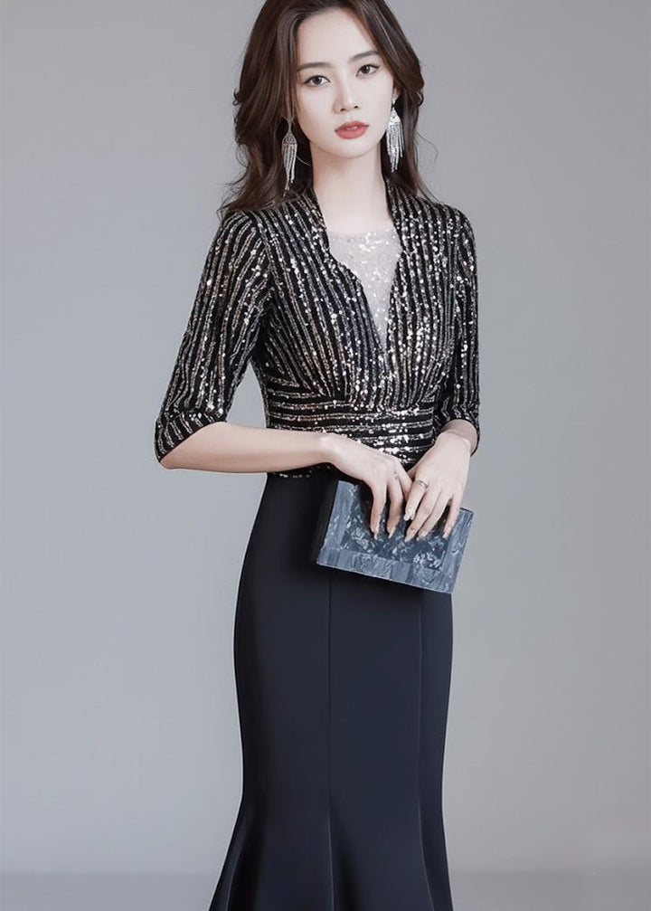 グリッターストライプマーメイドミディドレス - Vera Lumina